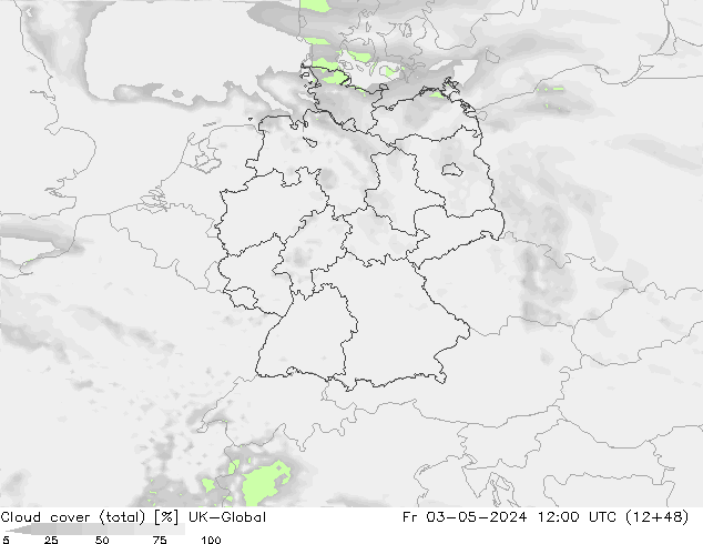 Bewolking (Totaal) UK-Global vr 03.05.2024 12 UTC