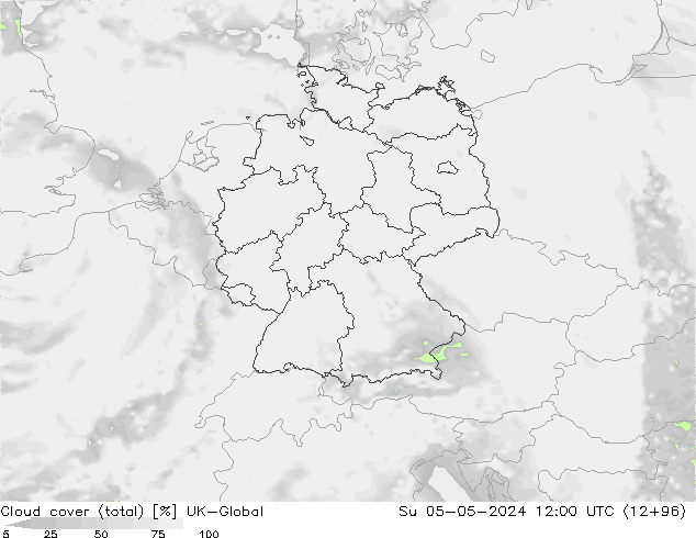 Cloud cover (total) UK-Global Su 05.05.2024 12 UTC