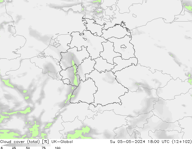 Cloud cover (total) UK-Global Su 05.05.2024 18 UTC