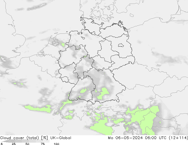 Cloud cover (total) UK-Global Po 06.05.2024 06 UTC