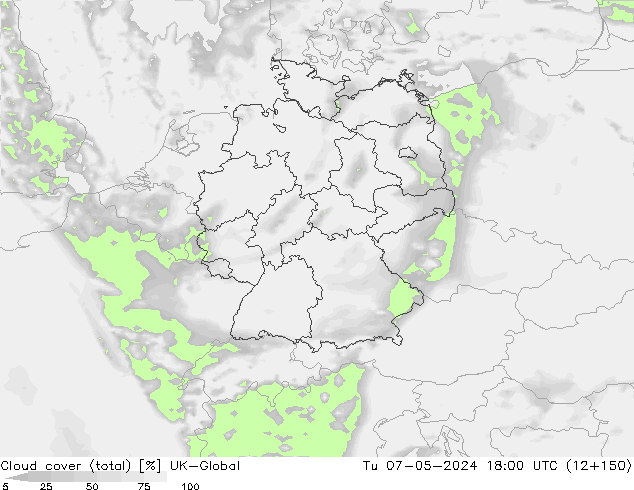 Cloud cover (total) UK-Global Út 07.05.2024 18 UTC