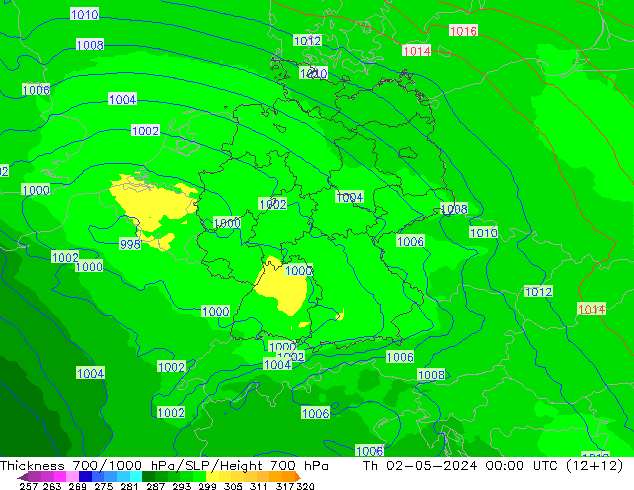 700-1000 hPa Kalınlığı UK-Global Per 02.05.2024 00 UTC