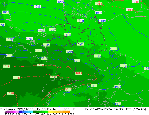 Dikte700-1000 hPa UK-Global vr 03.05.2024 09 UTC