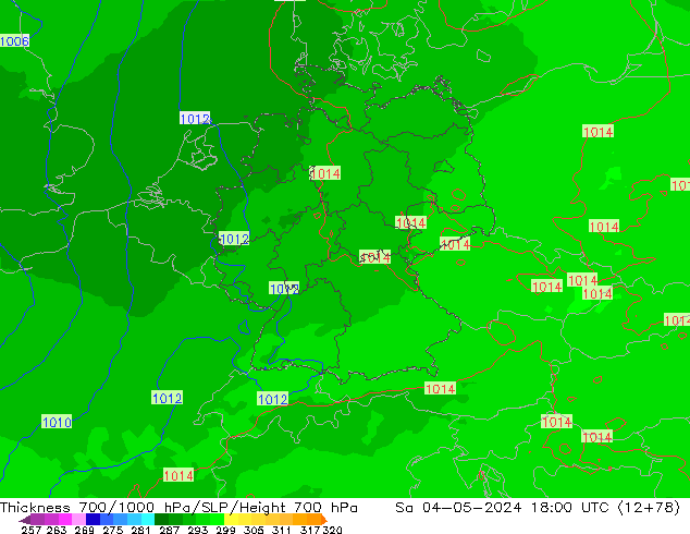 Espesor 700-1000 hPa UK-Global sáb 04.05.2024 18 UTC