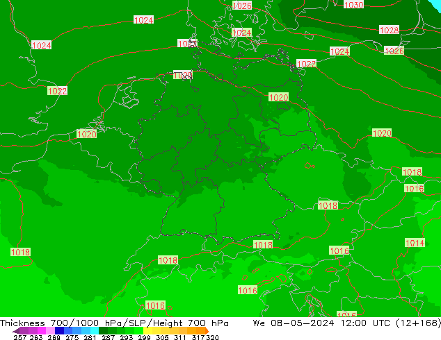 Dikte700-1000 hPa UK-Global wo 08.05.2024 12 UTC