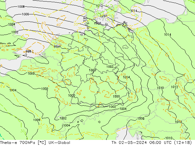 Theta-e 700hPa UK-Global Th 02.05.2024 06 UTC