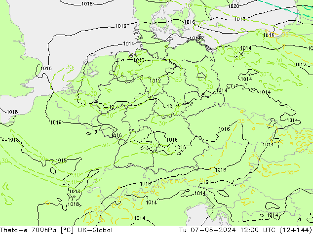Theta-e 700hPa UK-Global Tu 07.05.2024 12 UTC