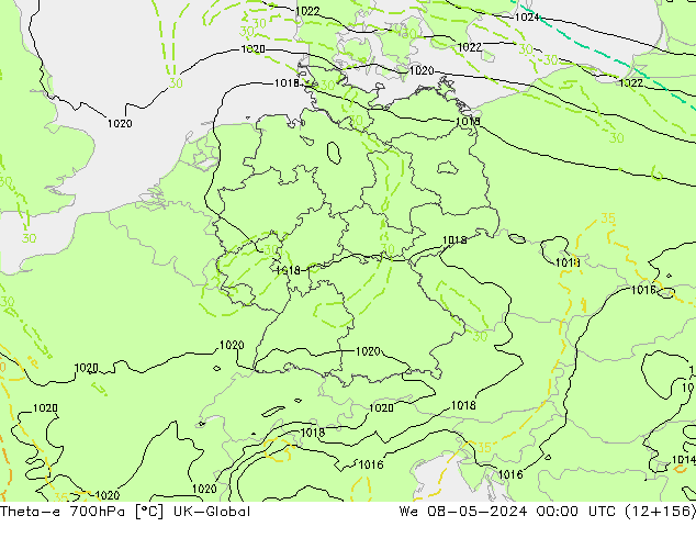 Theta-e 700hPa UK-Global We 08.05.2024 00 UTC
