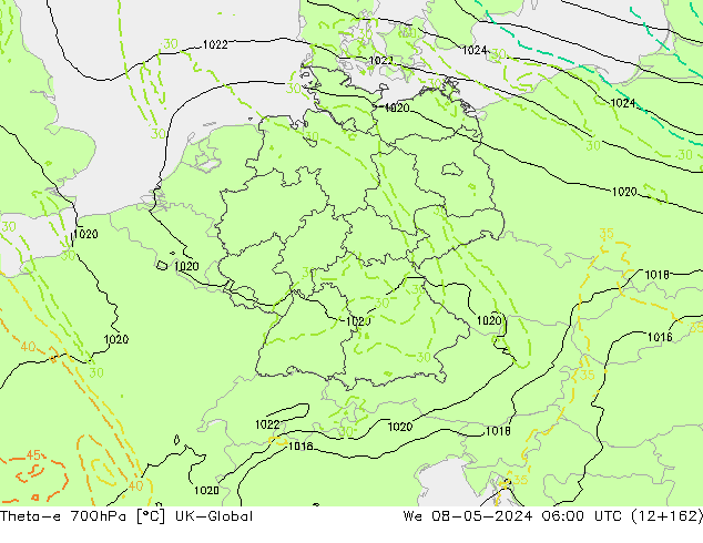 Theta-e 700hPa UK-Global We 08.05.2024 06 UTC