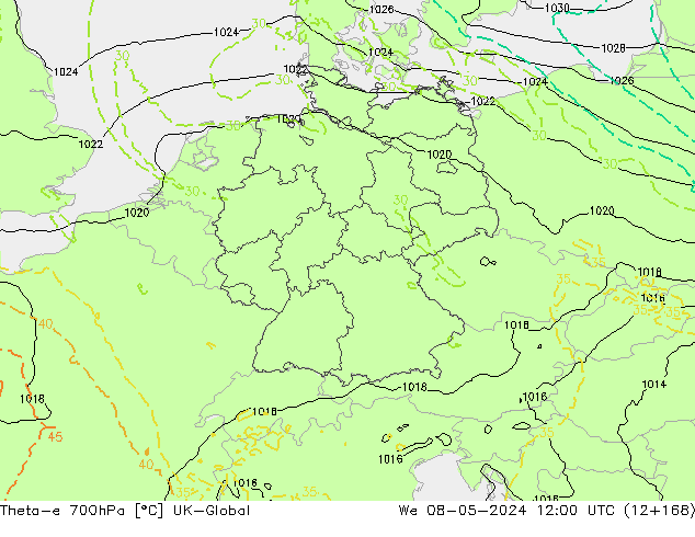 Theta-e 700hPa UK-Global śro. 08.05.2024 12 UTC