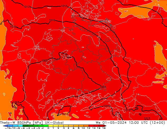 Theta-W 850hPa UK-Global We 01.05.2024 12 UTC