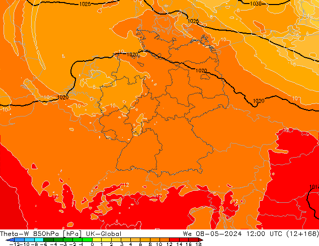 Theta-W 850hPa UK-Global We 08.05.2024 12 UTC