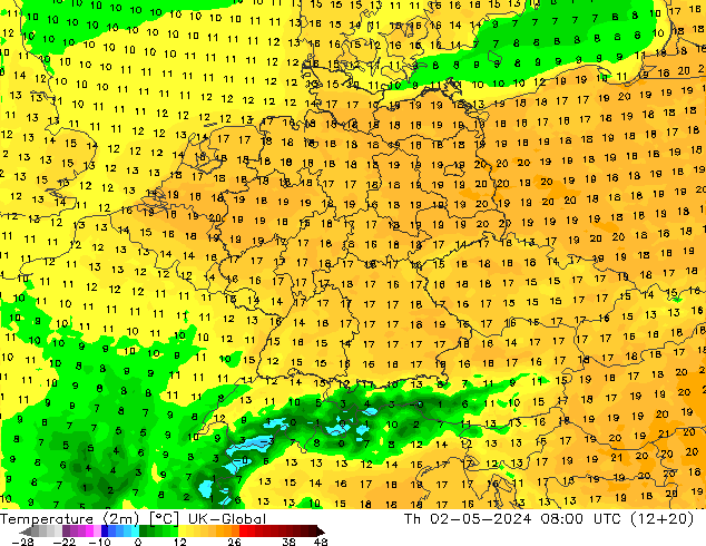 Temperaturkarte (2m) UK-Global Do 02.05.2024 08 UTC