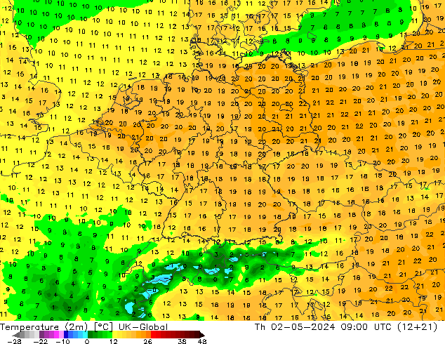 Temperatura (2m) UK-Global gio 02.05.2024 09 UTC