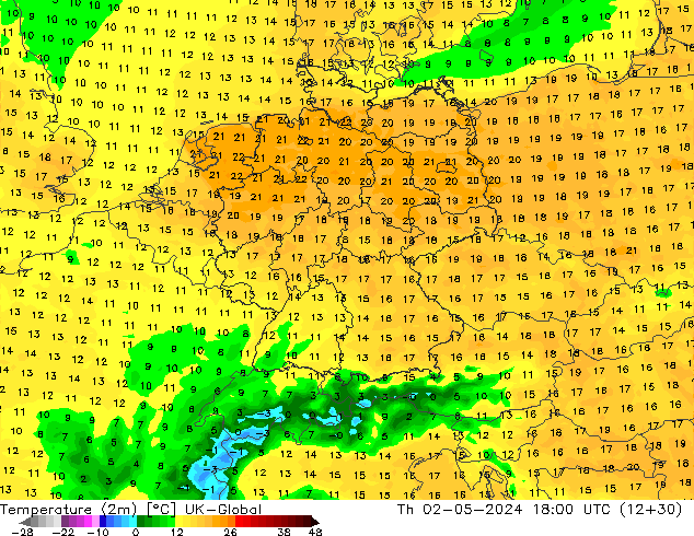 Temperaturkarte (2m) UK-Global Do 02.05.2024 18 UTC