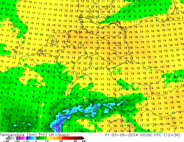 température (2m) UK-Global ven 03.05.2024 00 UTC