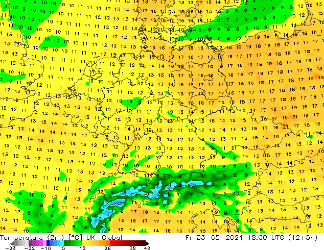 Sıcaklık Haritası (2m) UK-Global Cu 03.05.2024 18 UTC