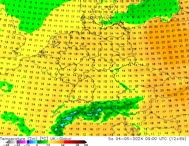 Temperatuurkaart (2m) UK-Global za 04.05.2024 09 UTC