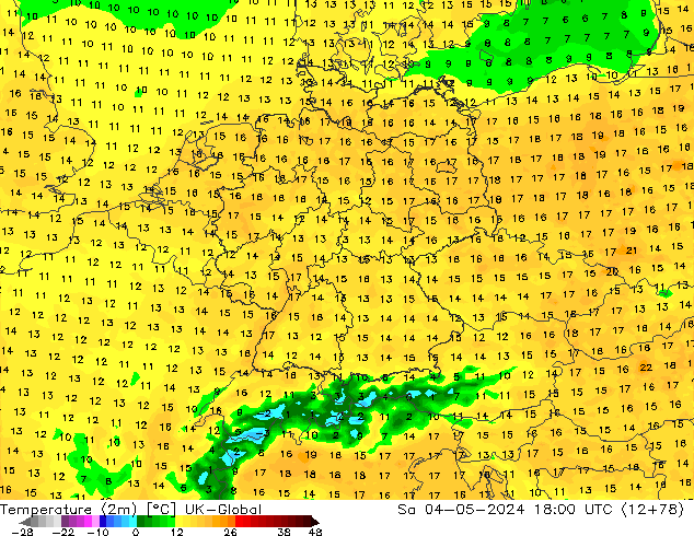 Sıcaklık Haritası (2m) UK-Global Cts 04.05.2024 18 UTC