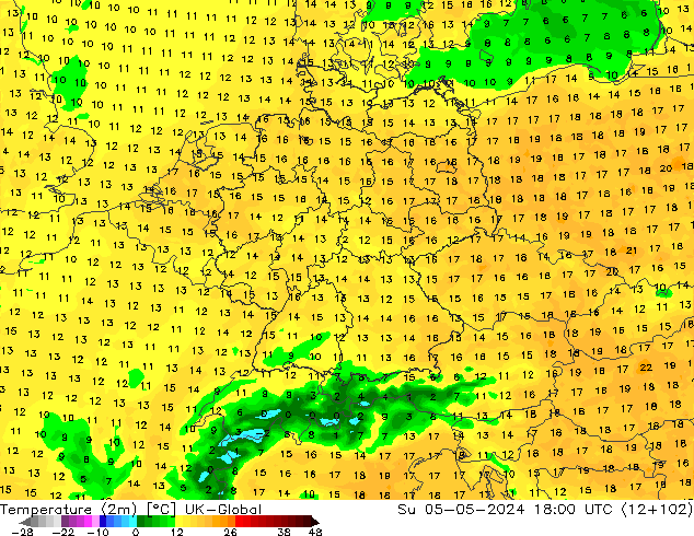 Temperatura (2m) UK-Global dom 05.05.2024 18 UTC