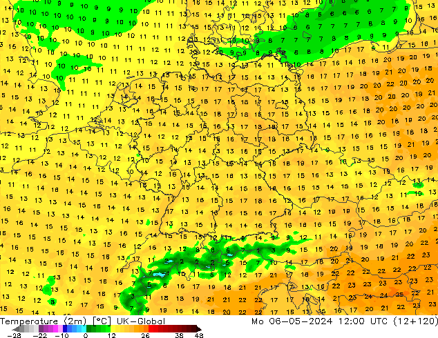 Temperatuurkaart (2m) UK-Global ma 06.05.2024 12 UTC