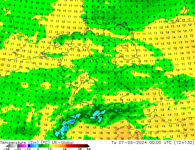 Temperature (2m) UK-Global Tu 07.05.2024 00 UTC