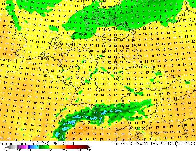 Temperatuurkaart (2m) UK-Global di 07.05.2024 18 UTC