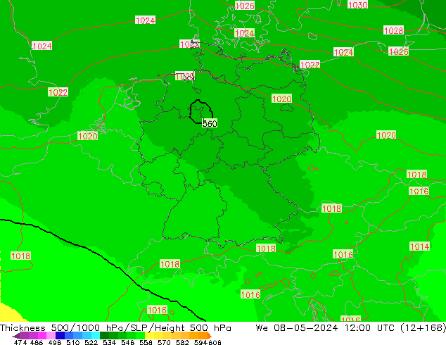 Thck 500-1000hPa UK-Global śro. 08.05.2024 12 UTC