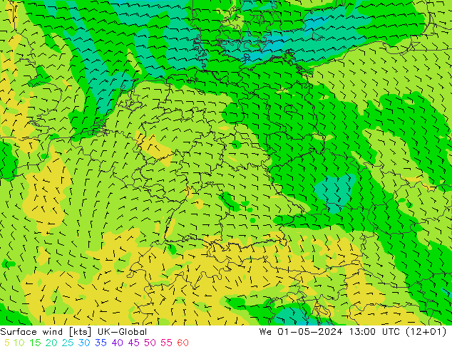Rüzgar 10 m UK-Global Çar 01.05.2024 13 UTC
