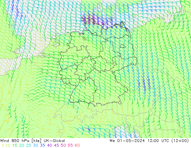 Wind 850 hPa UK-Global St 01.05.2024 12 UTC