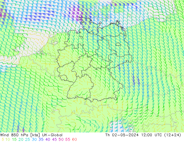 wiatr 850 hPa UK-Global czw. 02.05.2024 12 UTC