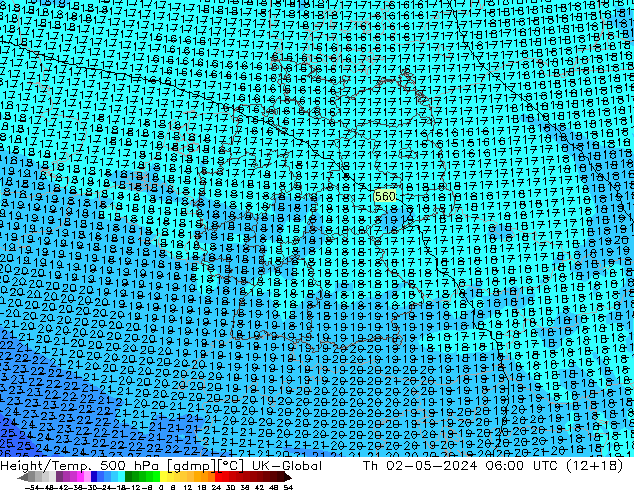 Height/Temp. 500 hPa UK-Global Th 02.05.2024 06 UTC