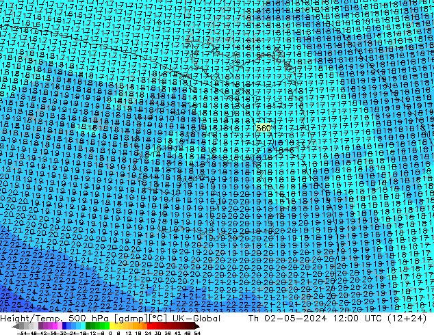 Height/Temp. 500 hPa UK-Global czw. 02.05.2024 12 UTC