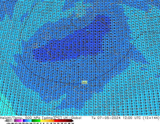 Height/Temp. 500 гПа UK-Global вт 07.05.2024 12 UTC