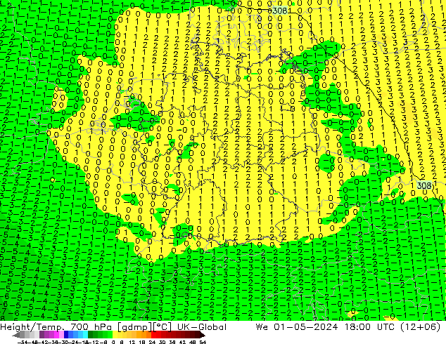 Height/Temp. 700 hPa UK-Global śro. 01.05.2024 18 UTC