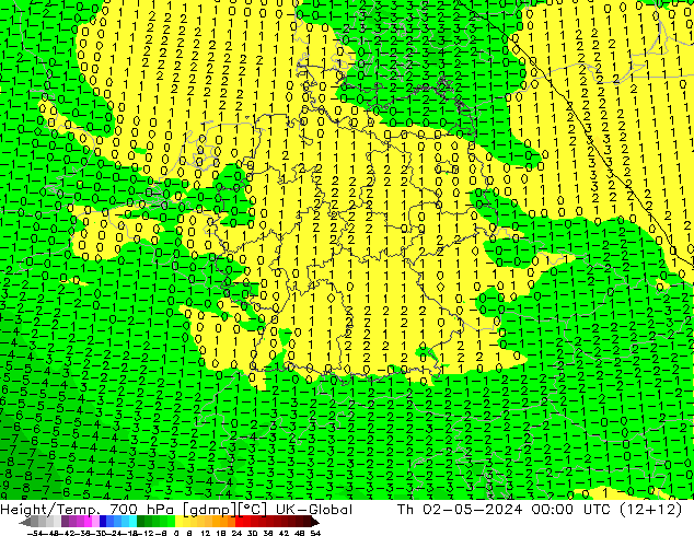 Height/Temp. 700 hPa UK-Global Th 02.05.2024 00 UTC