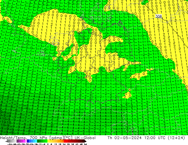 Height/Temp. 700 hPa UK-Global Th 02.05.2024 12 UTC