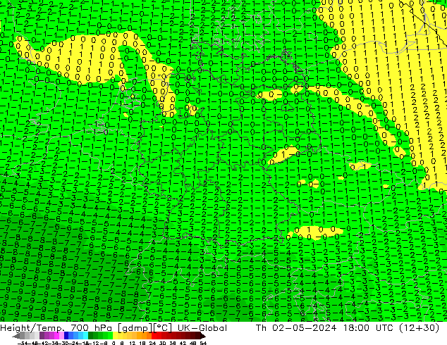 Height/Temp. 700 гПа UK-Global чт 02.05.2024 18 UTC