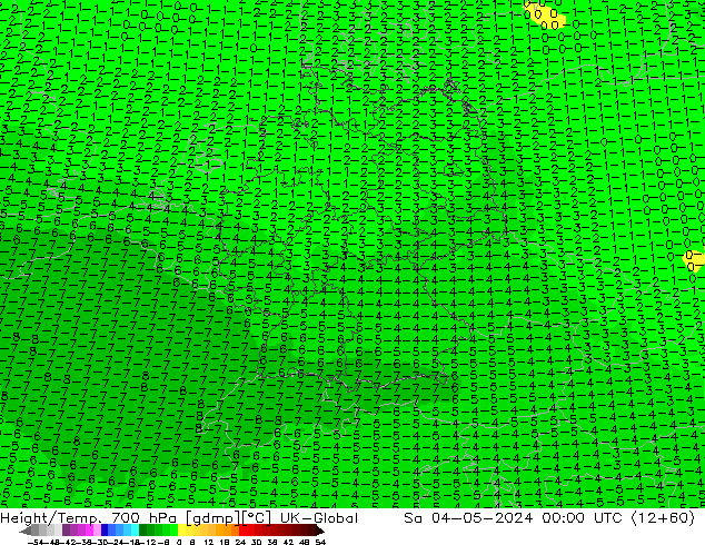 Height/Temp. 700 hPa UK-Global Sáb 04.05.2024 00 UTC