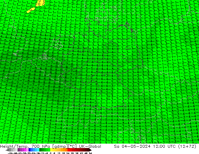 Height/Temp. 700 hPa UK-Global Sáb 04.05.2024 12 UTC