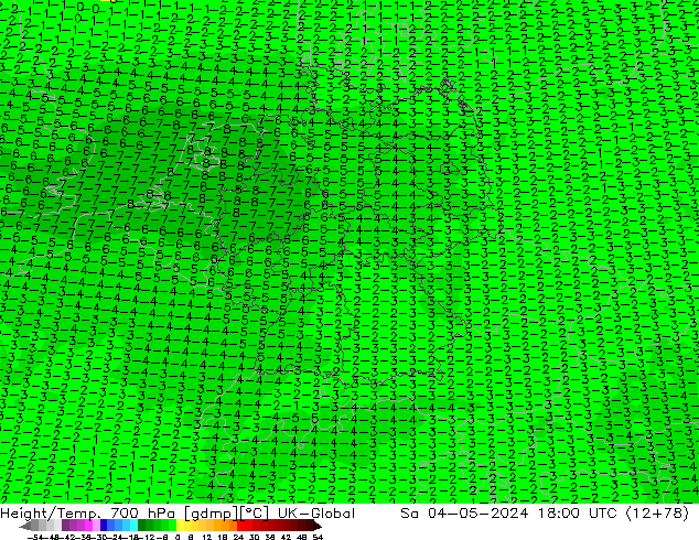 Height/Temp. 700 hPa UK-Global sab 04.05.2024 18 UTC