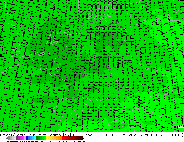 Géop./Temp. 700 hPa UK-Global mar 07.05.2024 00 UTC