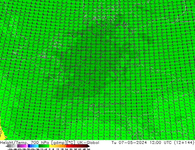 Height/Temp. 700 hPa UK-Global Tu 07.05.2024 12 UTC