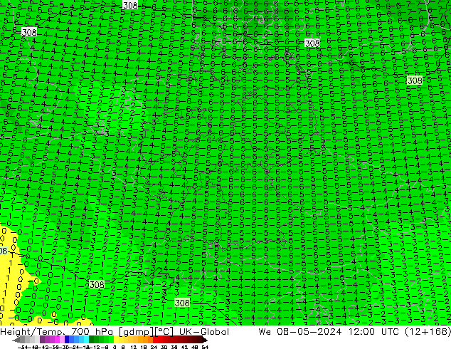 Hoogte/Temp. 700 hPa UK-Global wo 08.05.2024 12 UTC