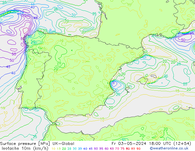 Isotachs (kph) UK-Global Pá 03.05.2024 18 UTC