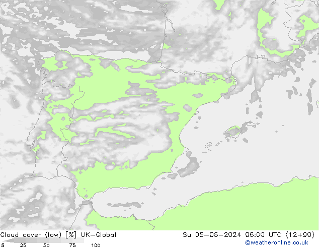 Cloud cover (low) UK-Global Su 05.05.2024 06 UTC