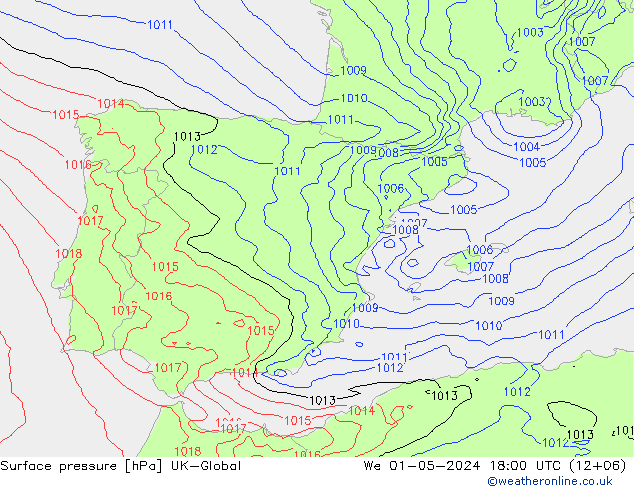 Presión superficial UK-Global mié 01.05.2024 18 UTC