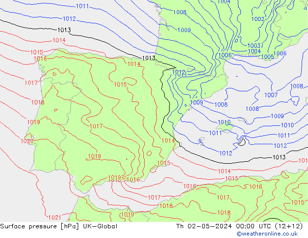 Pressione al suolo UK-Global gio 02.05.2024 00 UTC