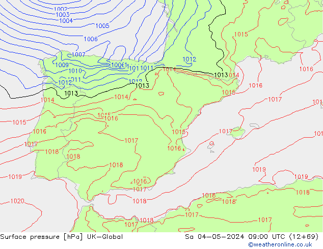 Pressione al suolo UK-Global sab 04.05.2024 09 UTC