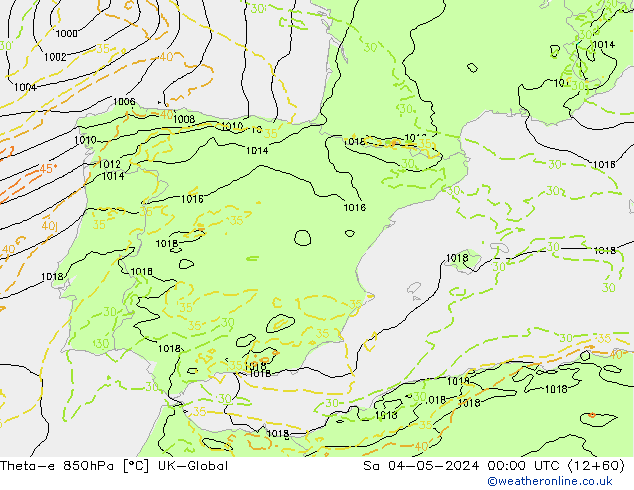 Theta-e 850hPa UK-Global sam 04.05.2024 00 UTC